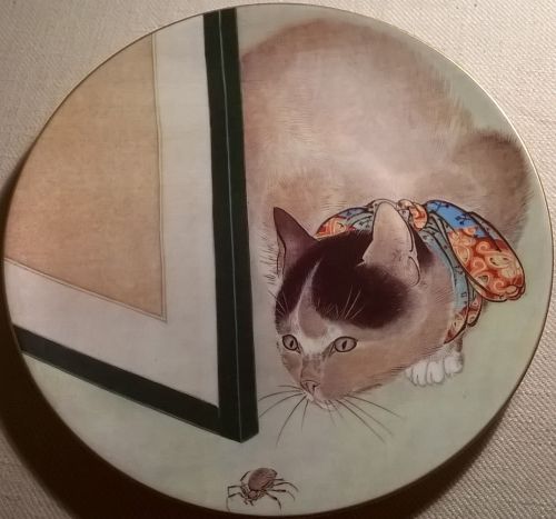 Cat and spider porcelain plate